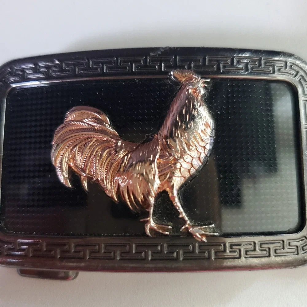 Gold Tone Rooster Automatic Ratchet Belt Buckle Black Enamel Greek Key Border
